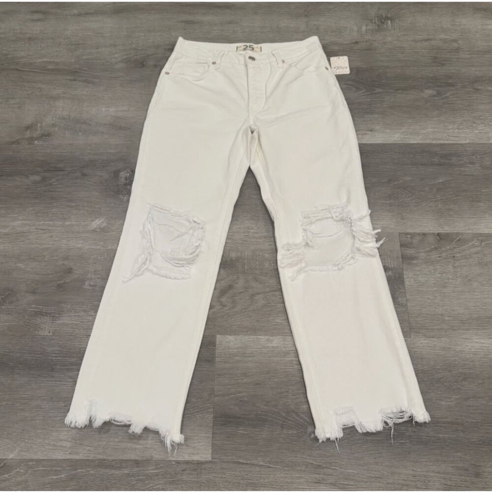 Free People Maggie Jeans Mid Rise Optic White Straight Distressed Womens 25 NWT